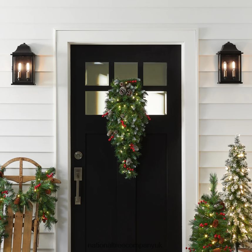 Greenery | National Tree Company Pre-Lit Artificial Christmas Teardrop Green Frosted Berry White Lights Decorated with Pine Cones Berry Clusters Frosted Branches Christmas Collection 36 Inches